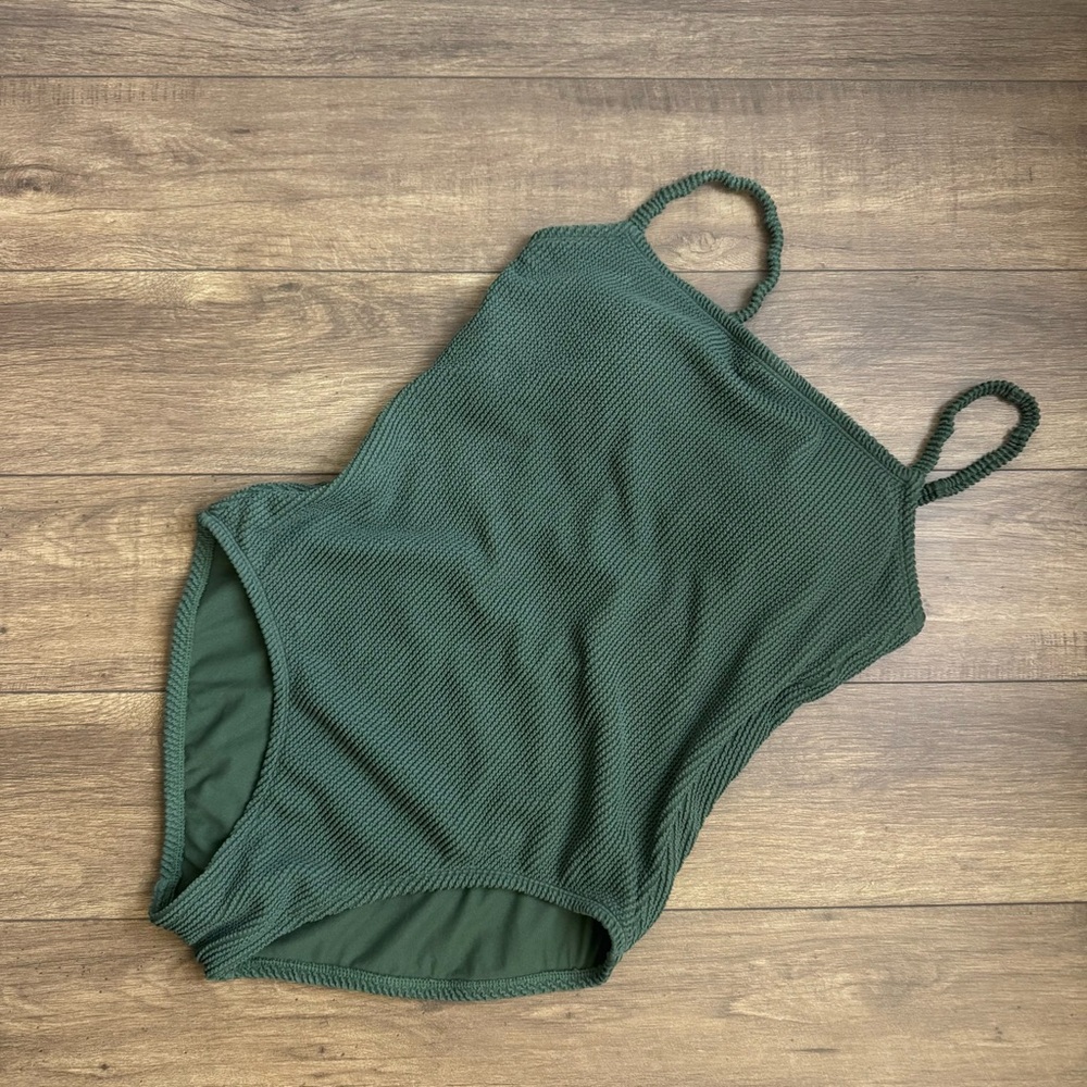 Kona Sol Olive Dark Green Ribbed One piece Swimsuit Open Back Size XLARGE XL